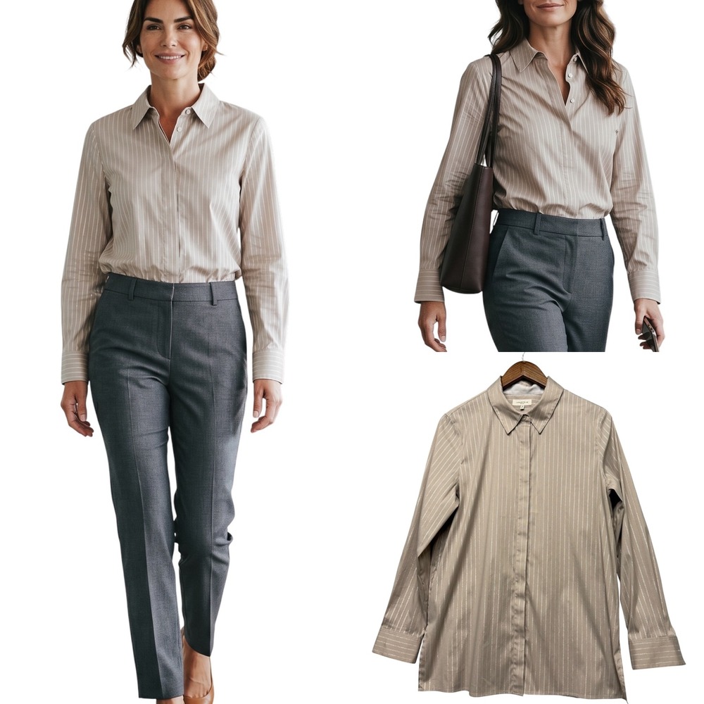 Lafayette 148 Button Down Top Womens L Taupe Pinstripe Minimalist Office Neutral